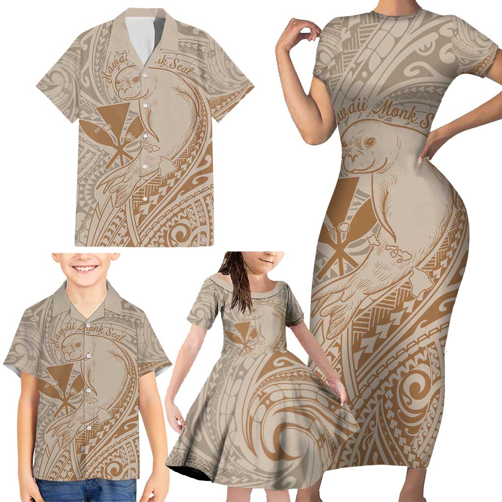 Hawaii Monk Seal and Map Family Matching Short Sleeve Bodycon Dress and Hawaiian Shirt Polynesian Kanaka Maoli Beige Vibe