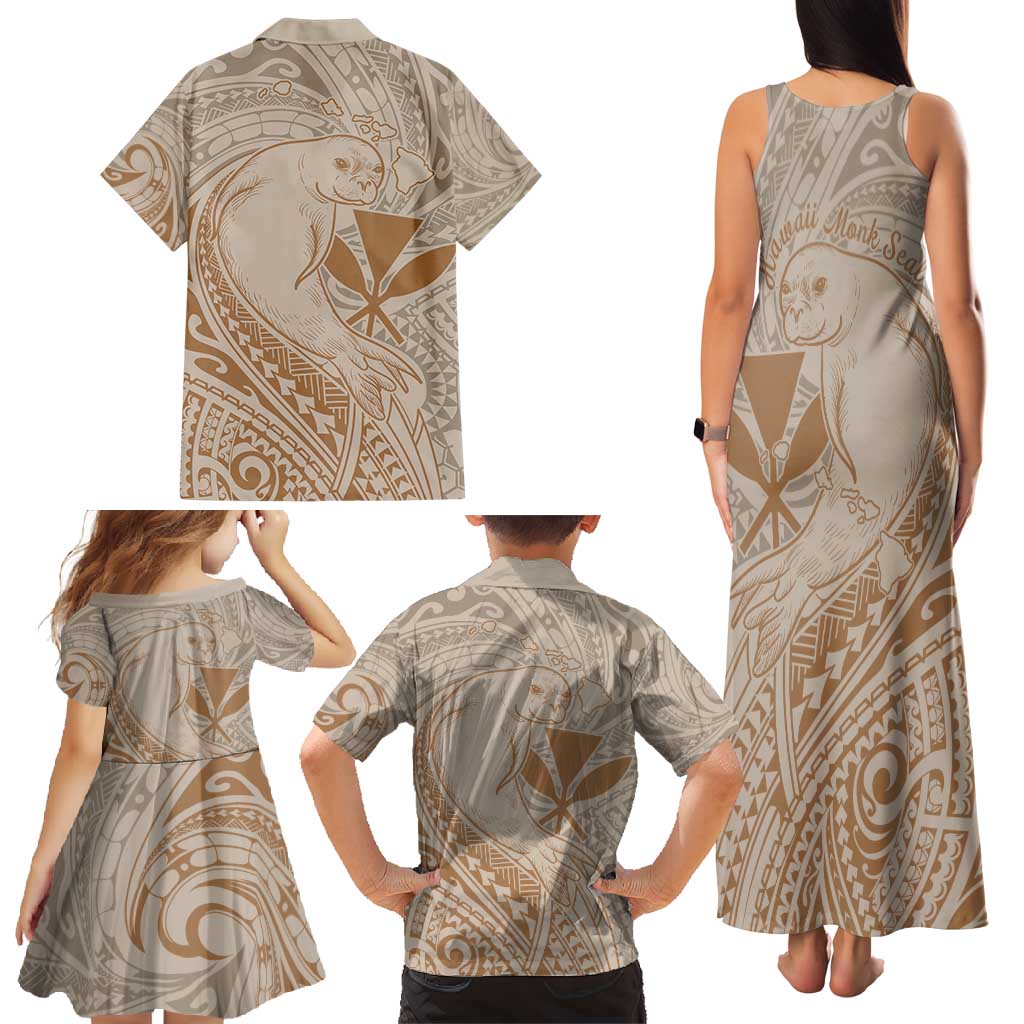 Hawaii Monk Seal and Map Family Matching Tank Maxi Dress and Hawaiian Shirt Polynesian Kanaka Maoli Beige Vibe