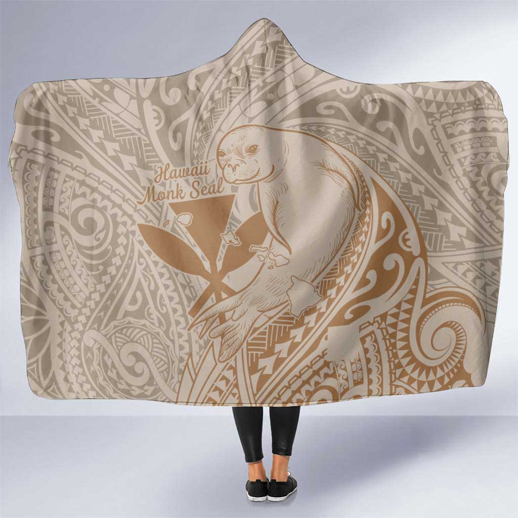 Hawaii Monk Seal and Map Hooded Blanket Polynesian Kanaka Maoli Beige Vibe