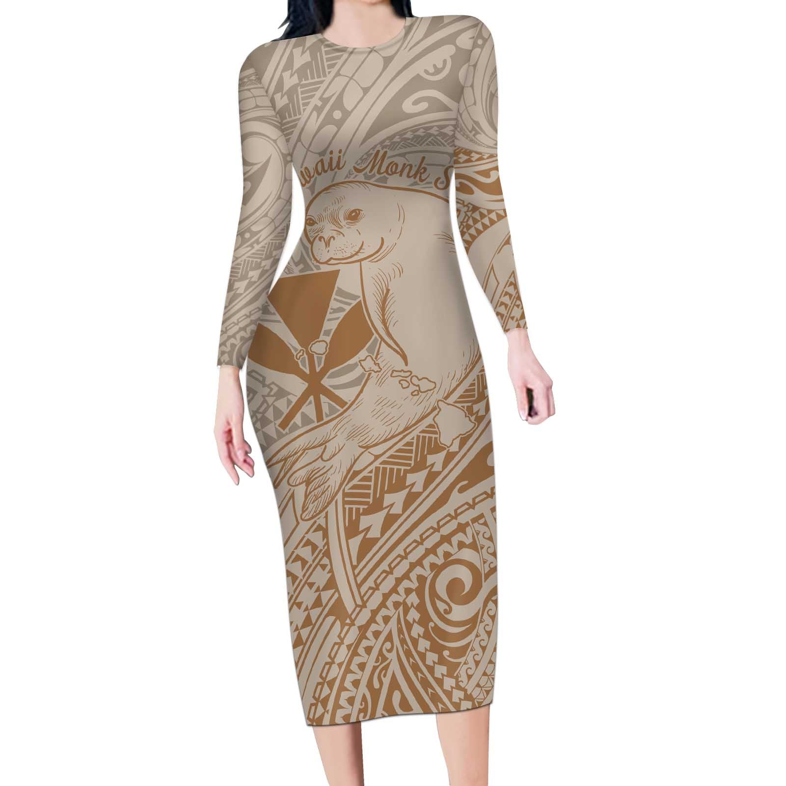 Hawaii Monk Seal and Map Long Sleeve Bodycon Dress Polynesian Kanaka Maoli Beige Vibe