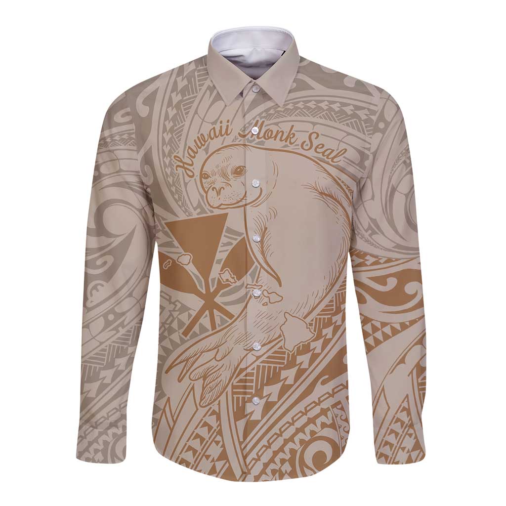 Hawaii Monk Seal and Map Long Sleeve Button Shirt Polynesian Kanaka Maoli Beige Vibe