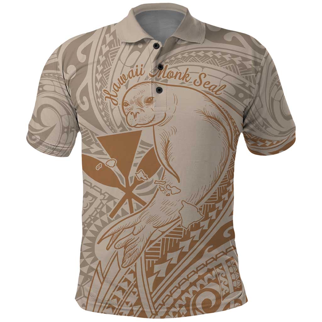 Hawaii Monk Seal and Map Polo Shirt Polynesian Kanaka Maoli Beige Vibe