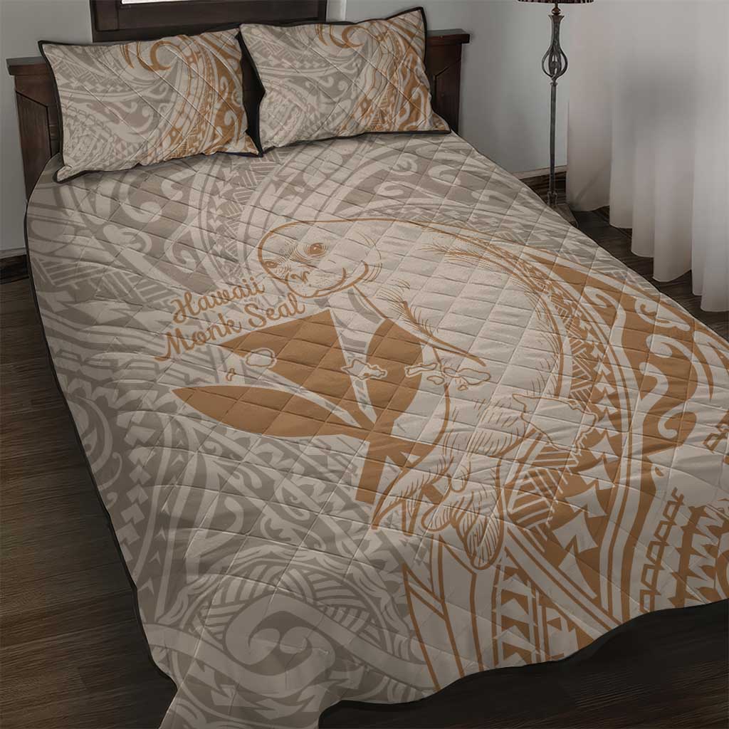 Hawaii Monk Seal and Map Quilt Bed Set Polynesian Kanaka Maoli Beige Vibe