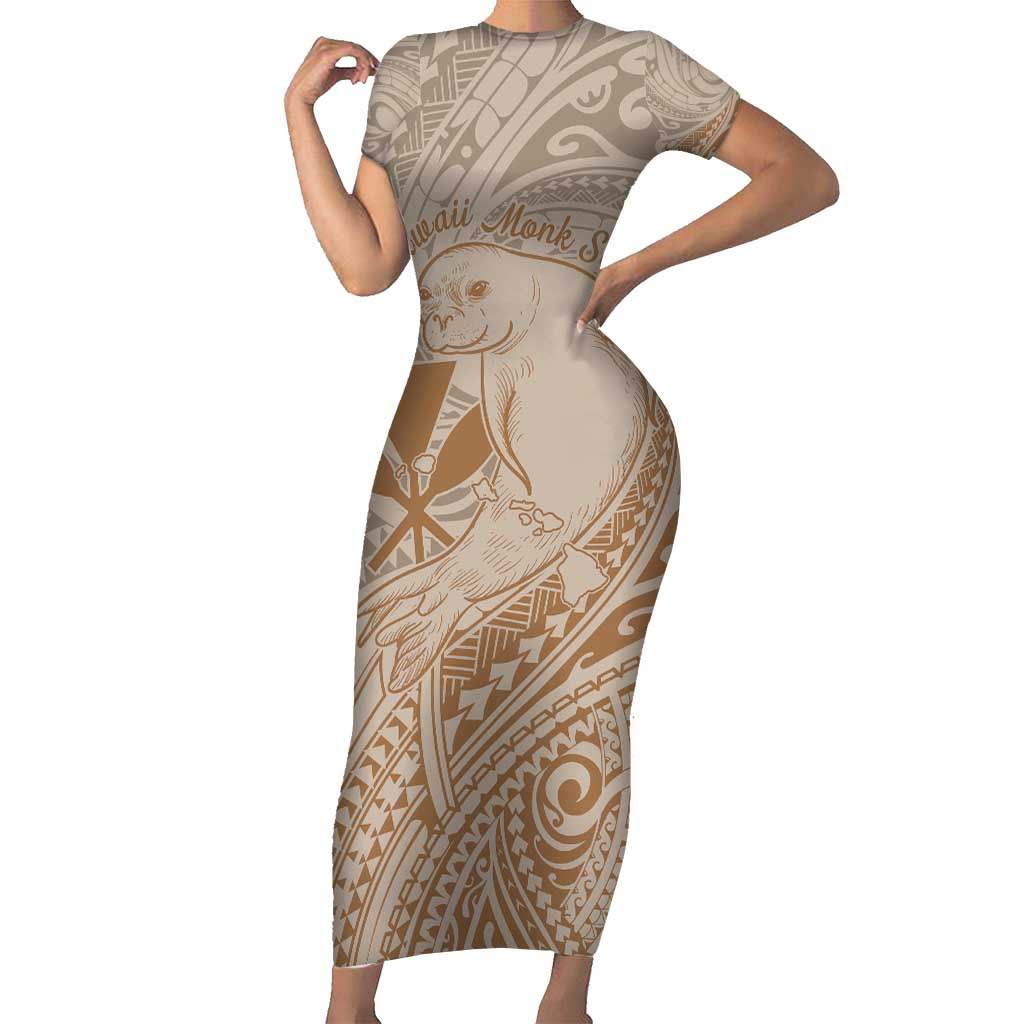 Hawaii Monk Seal and Map Short Sleeve Bodycon Dress Polynesian Kanaka Maoli Beige Vibe