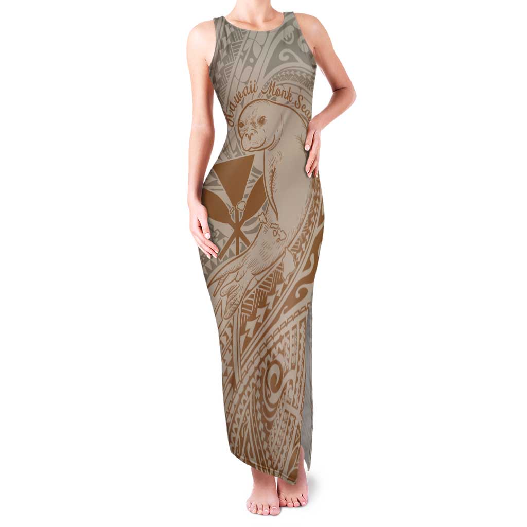 Hawaii Monk Seal and Map Tank Maxi Dress Polynesian Kanaka Maoli Beige Vibe