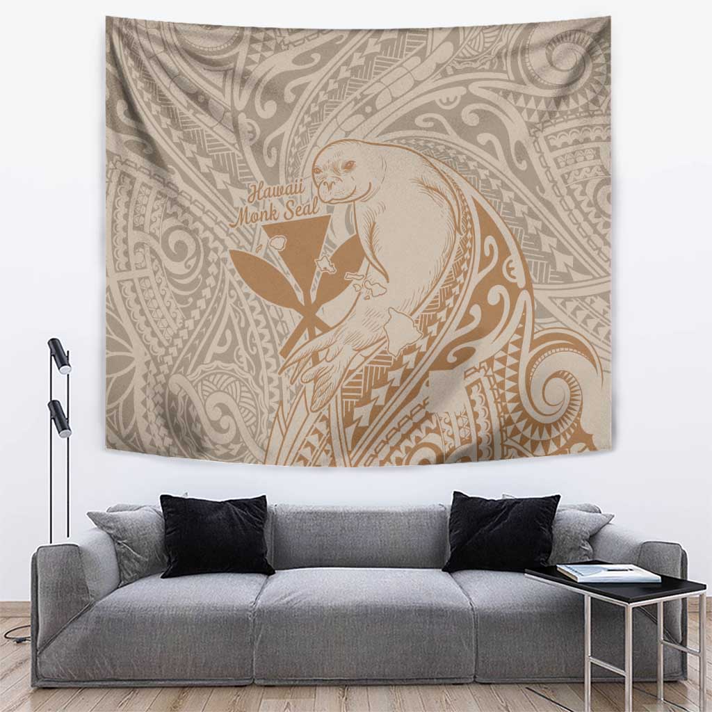 Hawaii Monk Seal and Map Tapestry Polynesian Kanaka Maoli Beige Vibe