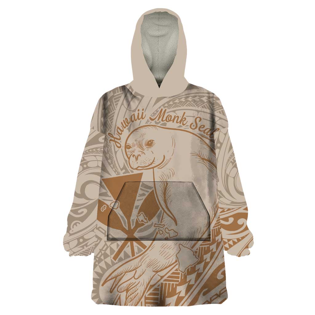 Hawaii Monk Seal and Map Wearable Blanket Hoodie Polynesian Kanaka Maoli Beige Vibe