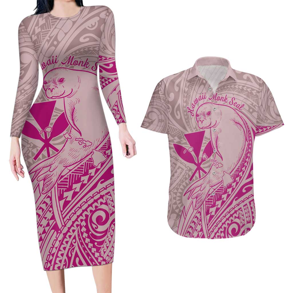 Hawaii Monk Seal and Map Couples Matching Long Sleeve Bodycon Dress and Hawaiian Shirt Polynesian Kanaka Maoli Pink Vibe