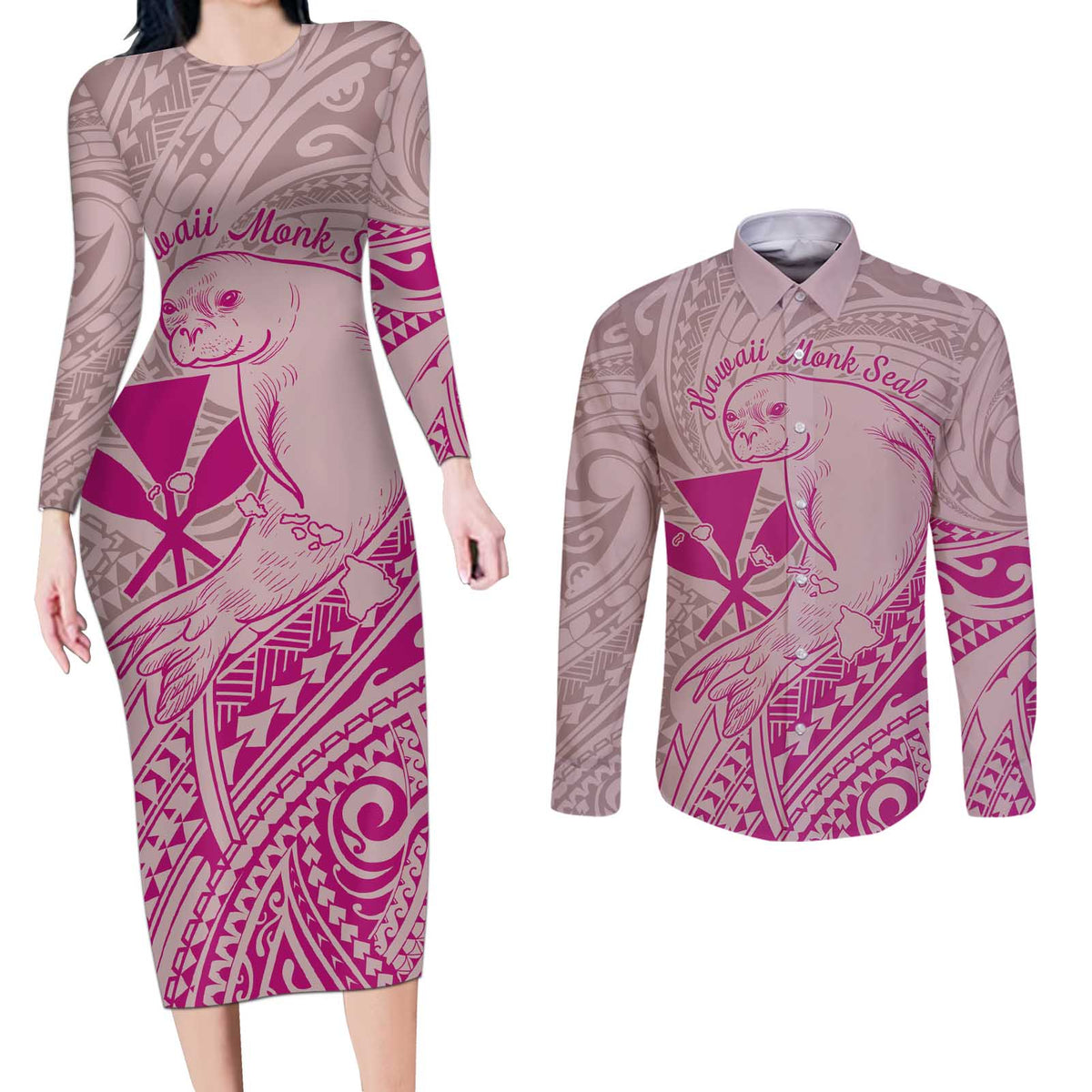 Hawaii Monk Seal and Map Couples Matching Long Sleeve Bodycon Dress and Long Sleeve Button Shirt Polynesian Kanaka Maoli Pink Vibe