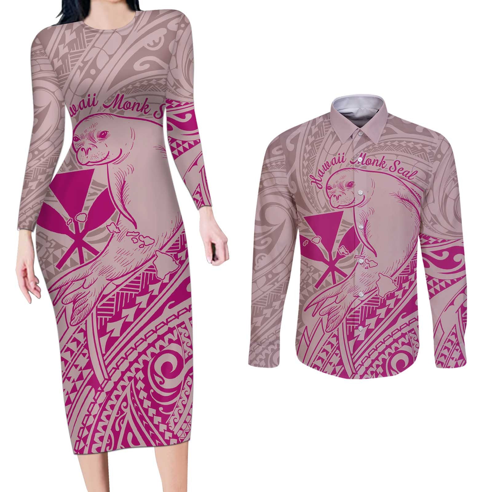 Hawaii Monk Seal and Map Couples Matching Long Sleeve Bodycon Dress and Long Sleeve Button Shirt Polynesian Kanaka Maoli Pink Vibe