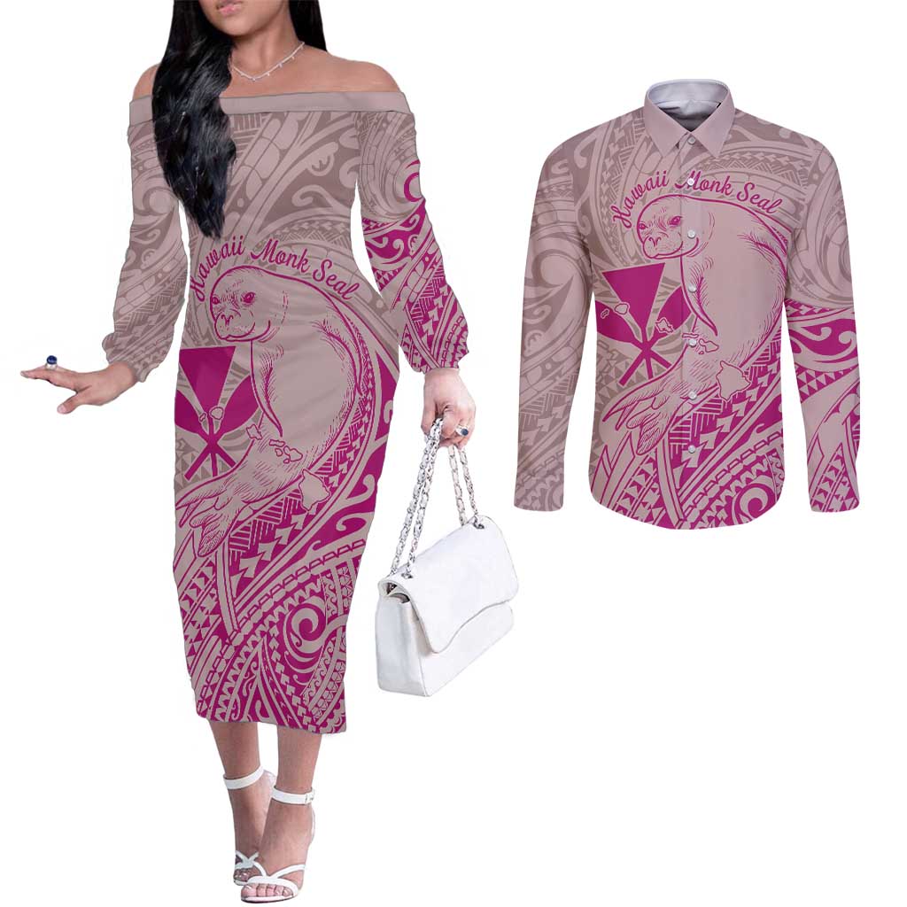 Hawaii Monk Seal and Map Couples Matching Off The Shoulder Long Sleeve Dress and Long Sleeve Button Shirt Polynesian Kanaka Maoli Pink Vibe