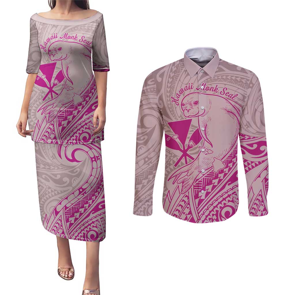 Hawaii Monk Seal and Map Couples Matching Puletasi and Long Sleeve Button Shirt Polynesian Kanaka Maoli Pink Vibe
