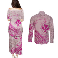 Hawaii Monk Seal and Map Couples Matching Puletasi and Long Sleeve Button Shirt Polynesian Kanaka Maoli Pink Vibe