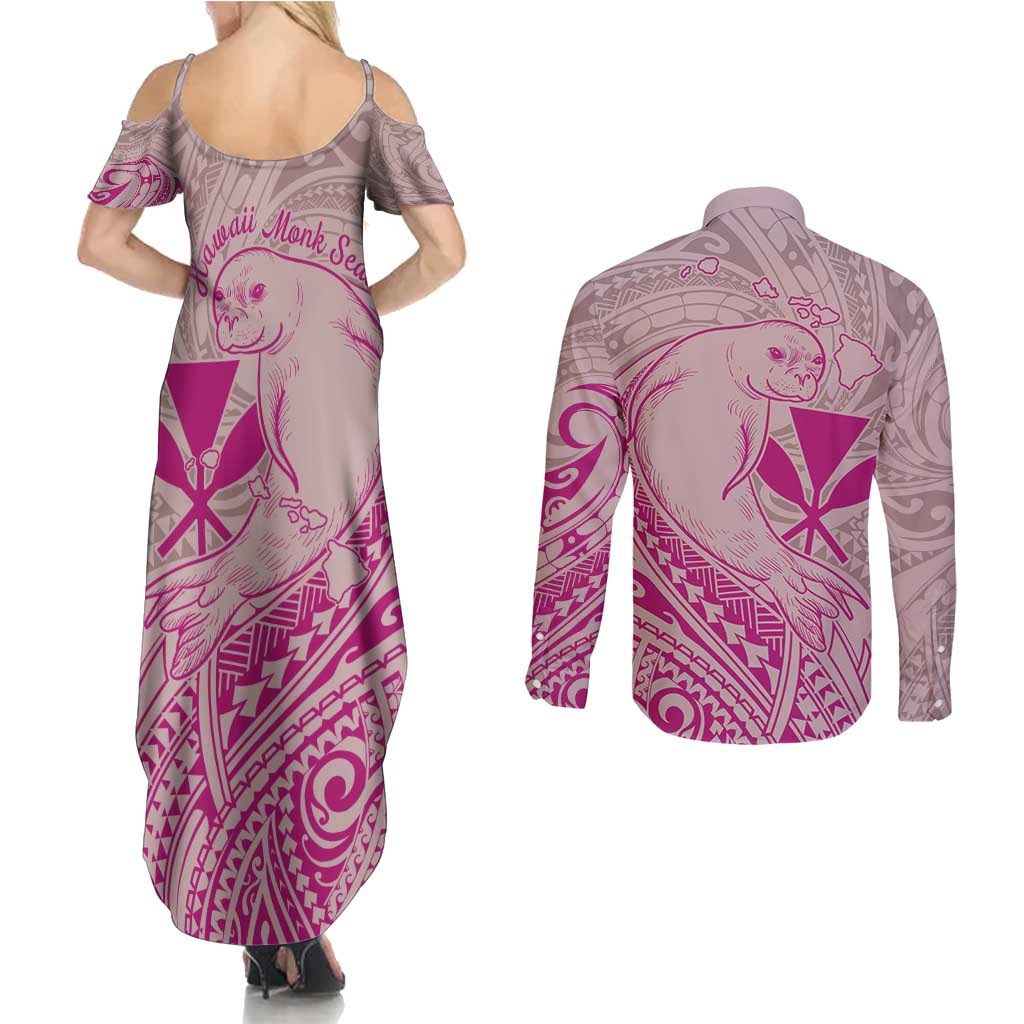 Hawaii Monk Seal and Map Couples Matching Summer Maxi Dress and Long Sleeve Button Shirt Polynesian Kanaka Maoli Pink Vibe
