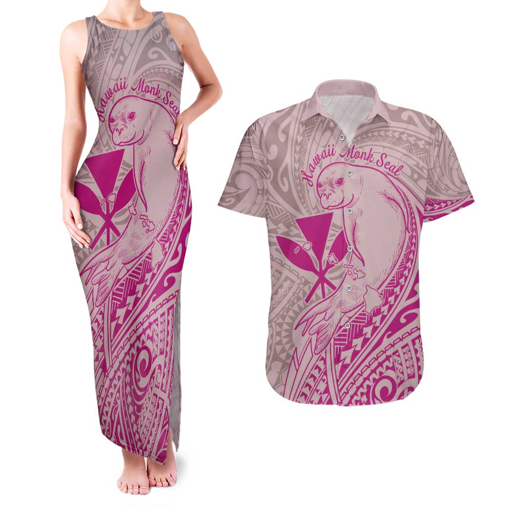 Hawaii Monk Seal and Map Couples Matching Tank Maxi Dress and Hawaiian Shirt Polynesian Kanaka Maoli Pink Vibe