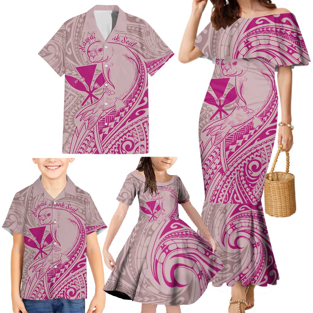 Hawaii Monk Seal and Map Family Matching Mermaid Dress and Hawaiian Shirt Polynesian Kanaka Maoli Pink Vibe