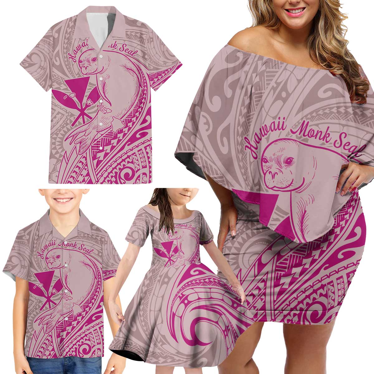 Hawaii Monk Seal and Map Family Matching Off Shoulder Short Dress and Hawaiian Shirt Polynesian Kanaka Maoli Pink Vibe