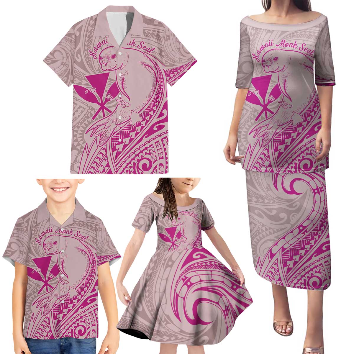 Hawaii Monk Seal and Map Family Matching Puletasi and Hawaiian Shirt Polynesian Kanaka Maoli Pink Vibe