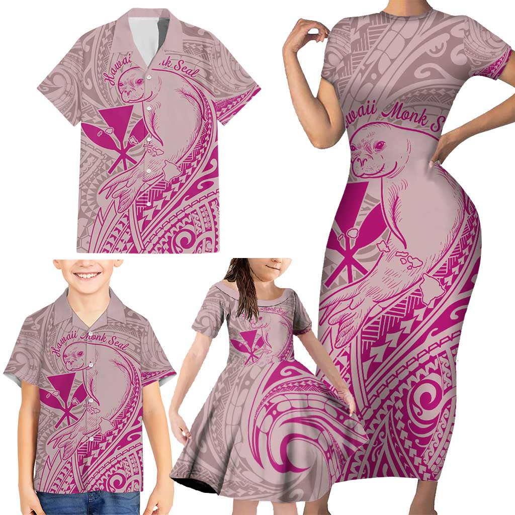 Hawaii Monk Seal and Map Family Matching Short Sleeve Bodycon Dress and Hawaiian Shirt Polynesian Kanaka Maoli Pink Vibe