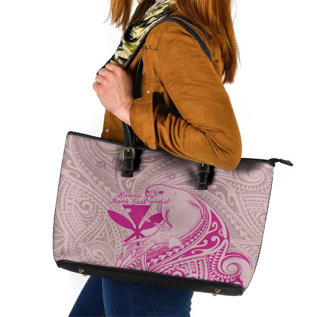 Hawaii Monk Seal and Map Leather Tote Bag Polynesian Kanaka Maoli Pink Vibe