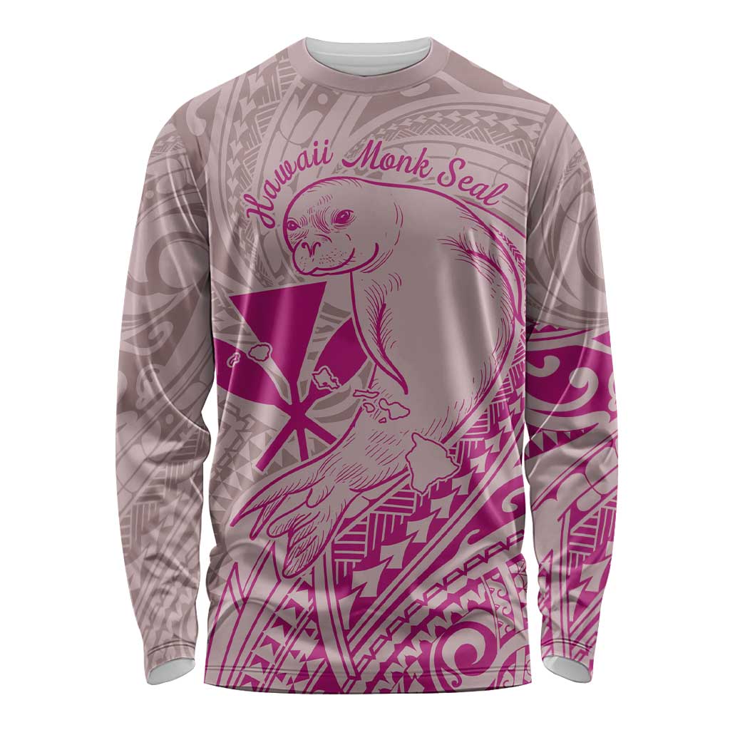 Hawaii Monk Seal and Map Long Sleeve Shirt Polynesian Kanaka Maoli Pink Vibe