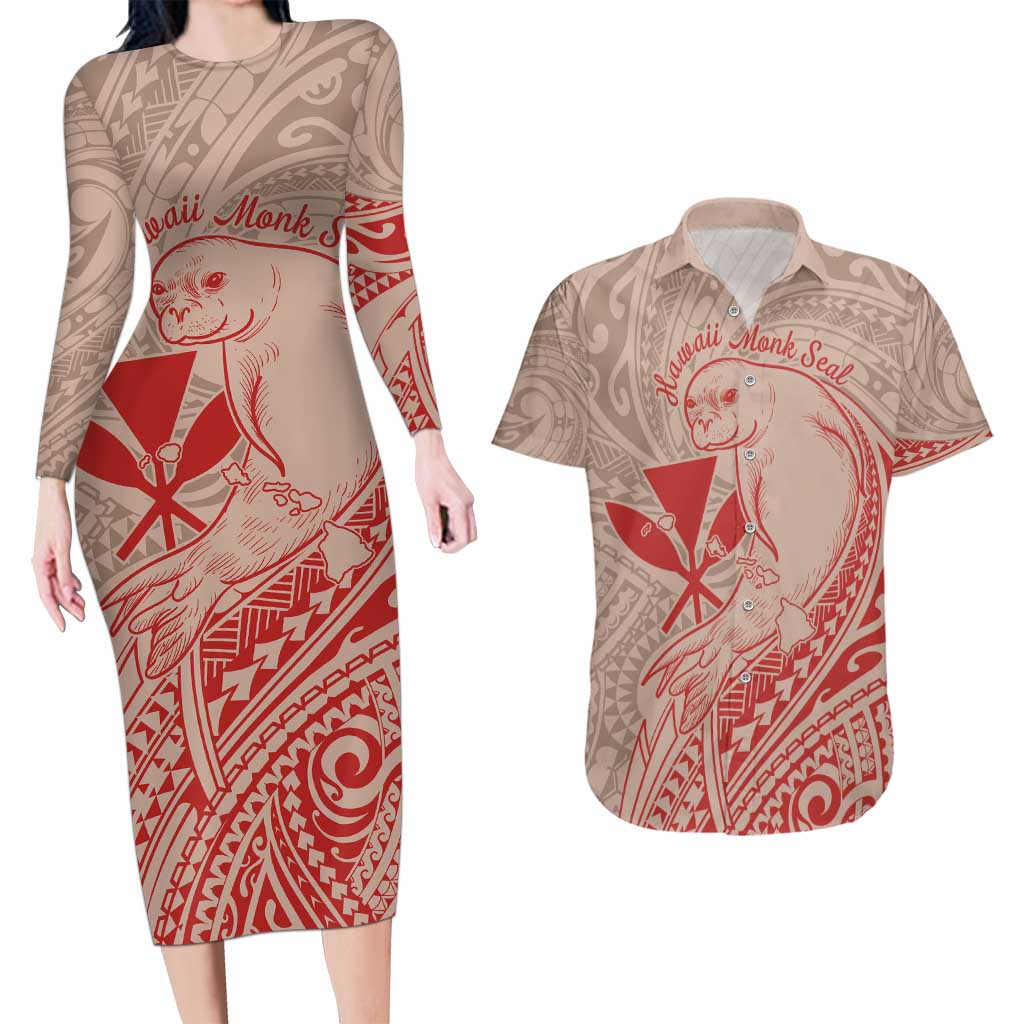 Hawaii Monk Seal and Map Couples Matching Long Sleeve Bodycon Dress and Hawaiian Shirt Polynesian Kanaka Maoli Red Vibe