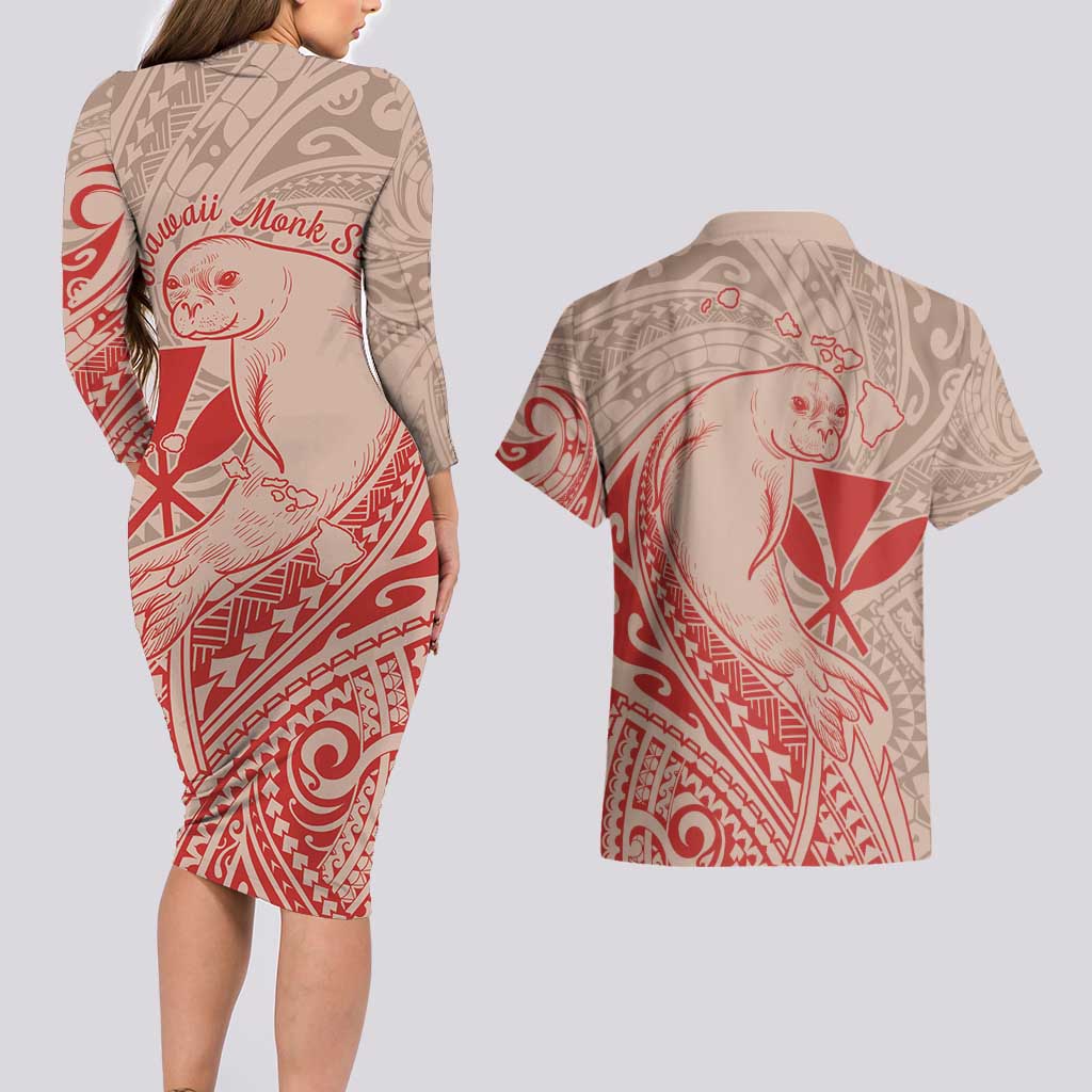 Hawaii Monk Seal and Map Couples Matching Long Sleeve Bodycon Dress and Hawaiian Shirt Polynesian Kanaka Maoli Red Vibe