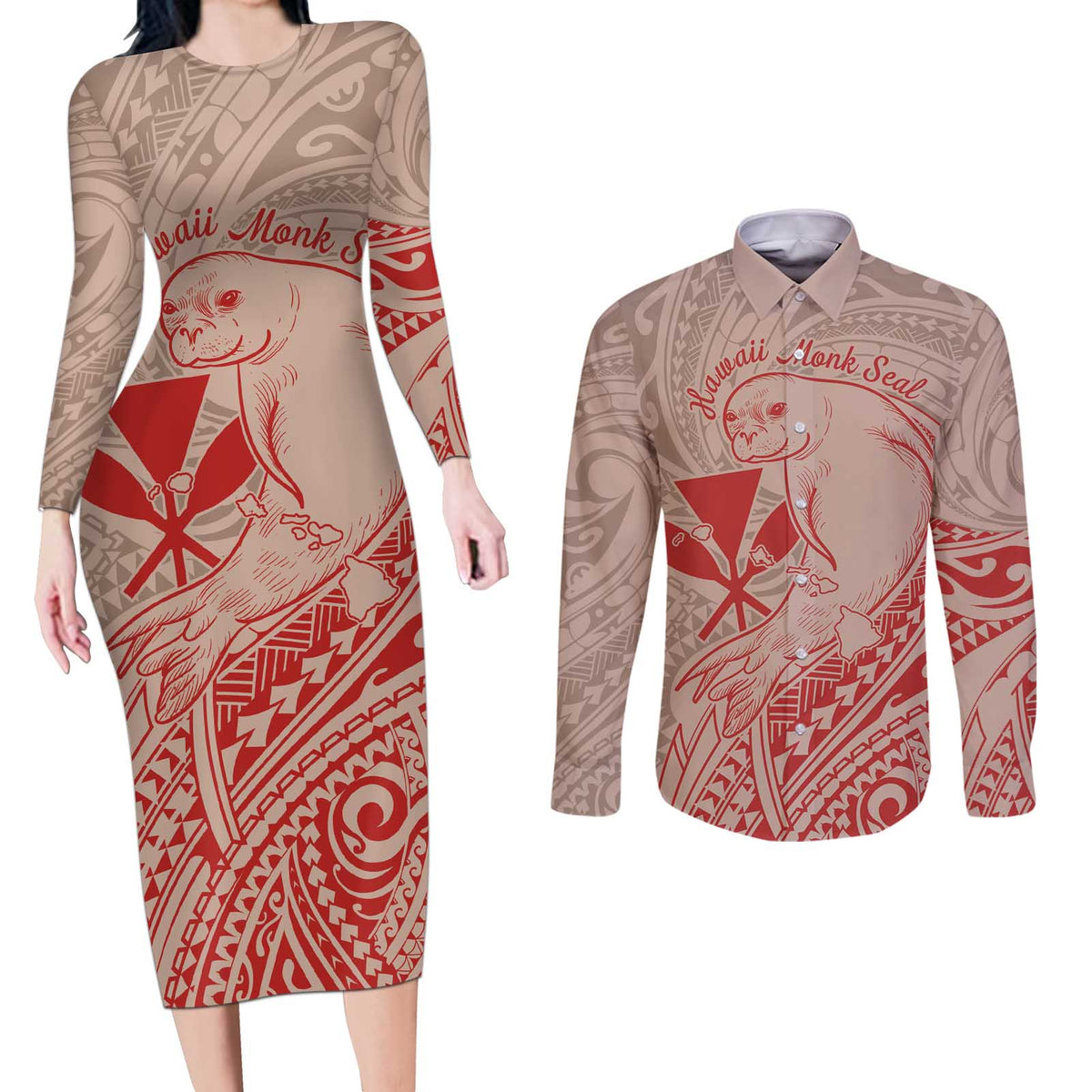 Hawaii Monk Seal and Map Couples Matching Long Sleeve Bodycon Dress and Long Sleeve Button Shirt Polynesian Kanaka Maoli Red Vibe