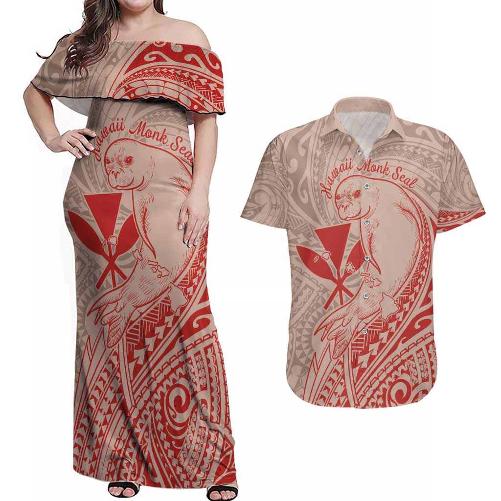 Hawaii Monk Seal and Map Couples Matching Off Shoulder Maxi Dress and Hawaiian Shirt Polynesian Kanaka Maoli Red Vibe