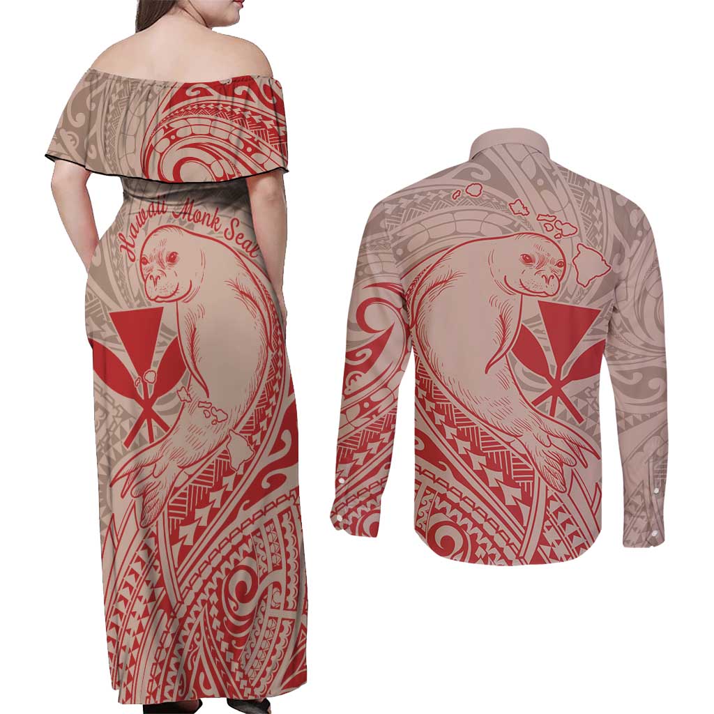 Hawaii Monk Seal and Map Couples Matching Off Shoulder Maxi Dress and Long Sleeve Button Shirt Polynesian Kanaka Maoli Red Vibe