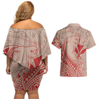 Hawaii Monk Seal and Map Couples Matching Off Shoulder Short Dress and Hawaiian Shirt Polynesian Kanaka Maoli Red Vibe