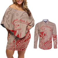 Hawaii Monk Seal and Map Couples Matching Off Shoulder Short Dress and Long Sleeve Button Shirt Polynesian Kanaka Maoli Red Vibe