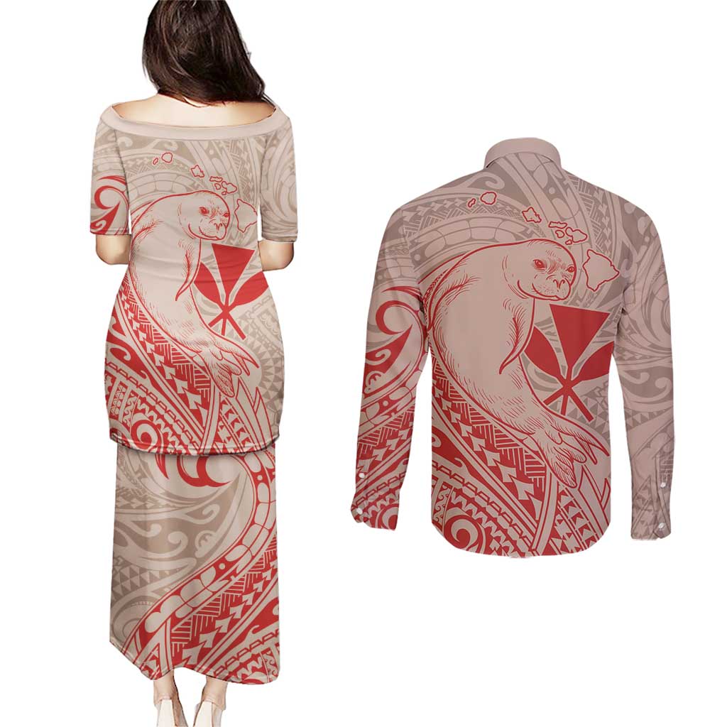 Hawaii Monk Seal and Map Couples Matching Puletasi and Long Sleeve Button Shirt Polynesian Kanaka Maoli Red Vibe