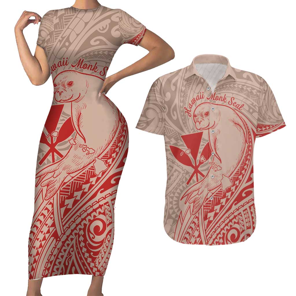 Hawaii Monk Seal and Map Couples Matching Short Sleeve Bodycon Dress and Hawaiian Shirt Polynesian Kanaka Maoli Red Vibe