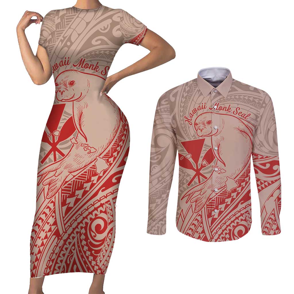 Hawaii Monk Seal and Map Couples Matching Short Sleeve Bodycon Dress and Long Sleeve Button Shirt Polynesian Kanaka Maoli Red Vibe
