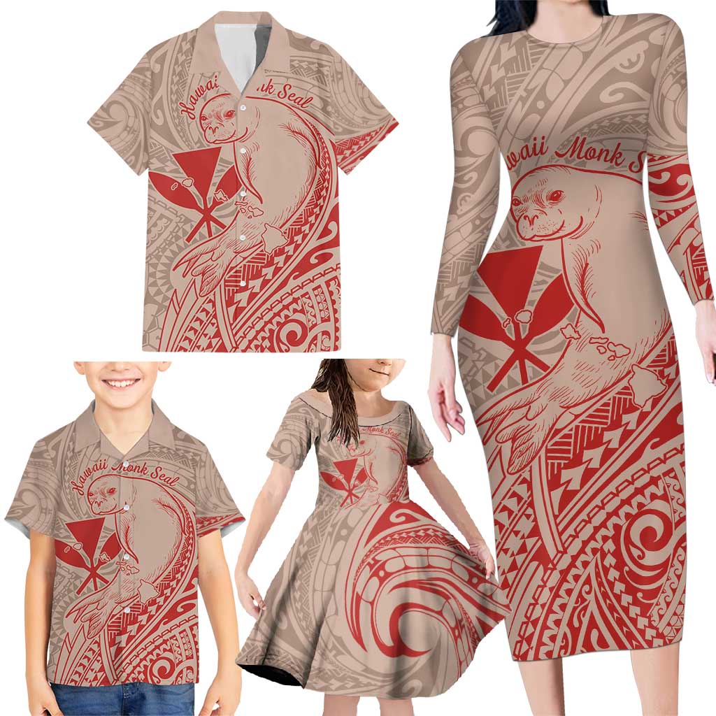 Hawaii Monk Seal and Map Family Matching Long Sleeve Bodycon Dress and Hawaiian Shirt Polynesian Kanaka Maoli Red Vibe