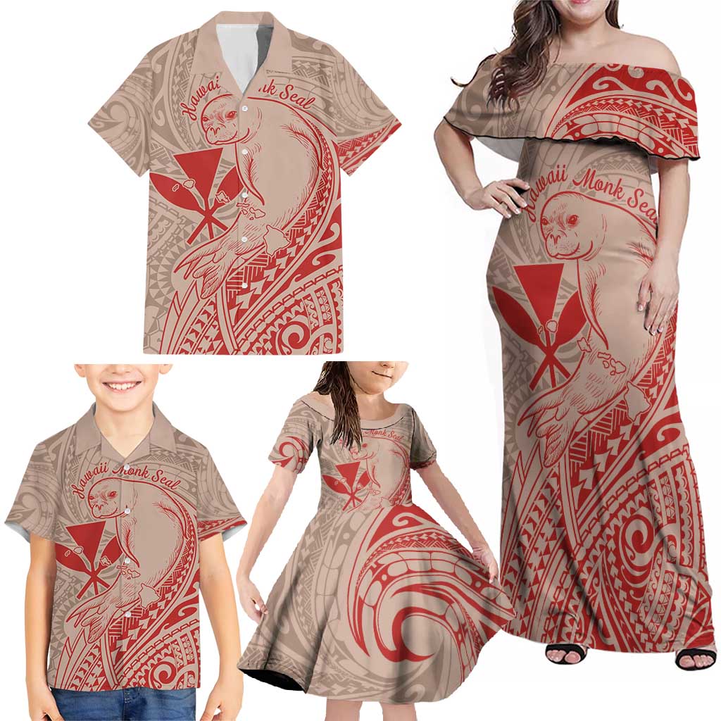 Hawaii Monk Seal and Map Family Matching Off Shoulder Maxi Dress and Hawaiian Shirt Polynesian Kanaka Maoli Red Vibe