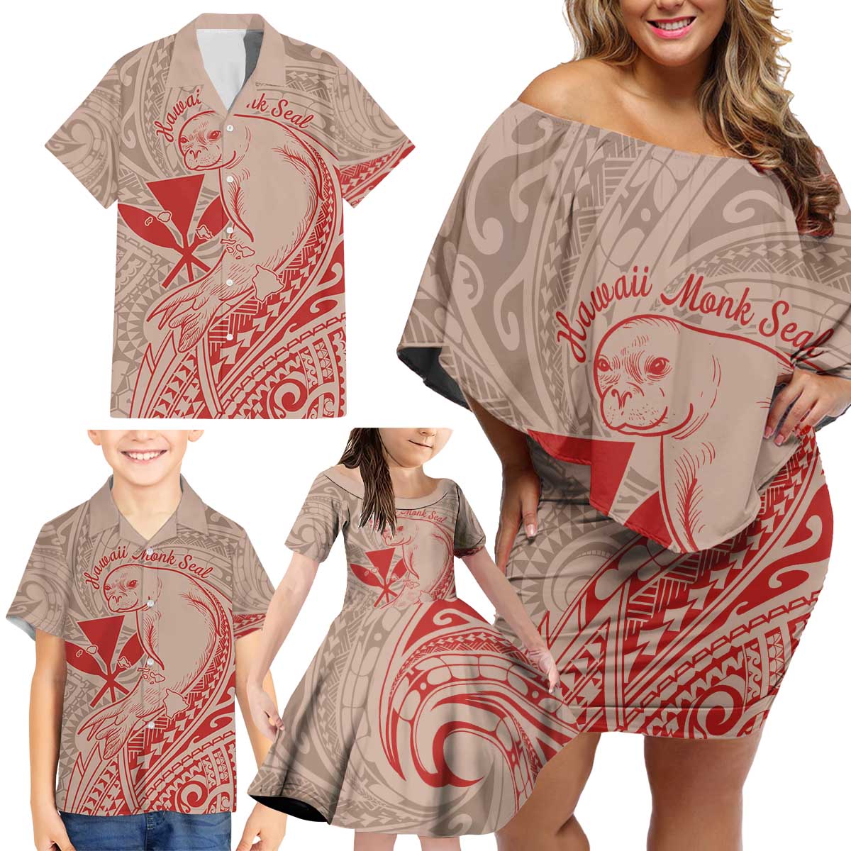 Hawaii Monk Seal and Map Family Matching Off Shoulder Short Dress and Hawaiian Shirt Polynesian Kanaka Maoli Red Vibe