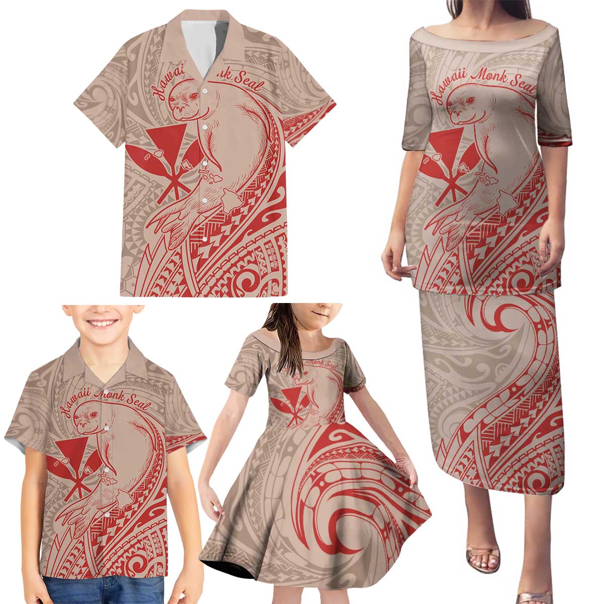 Hawaii Monk Seal and Map Family Matching Puletasi and Hawaiian Shirt Polynesian Kanaka Maoli Red Vibe