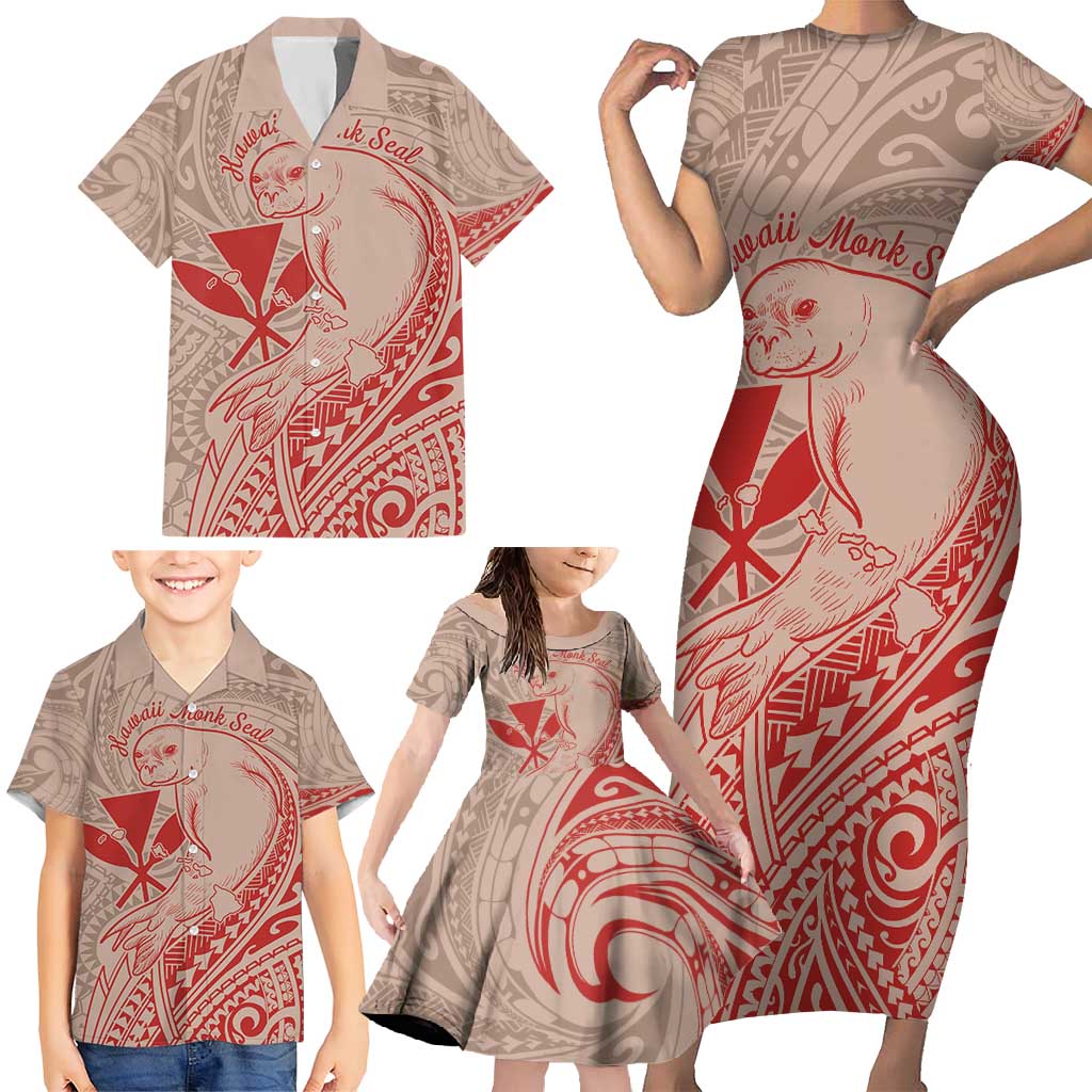 Hawaii Monk Seal and Map Family Matching Short Sleeve Bodycon Dress and Hawaiian Shirt Polynesian Kanaka Maoli Red Vibe