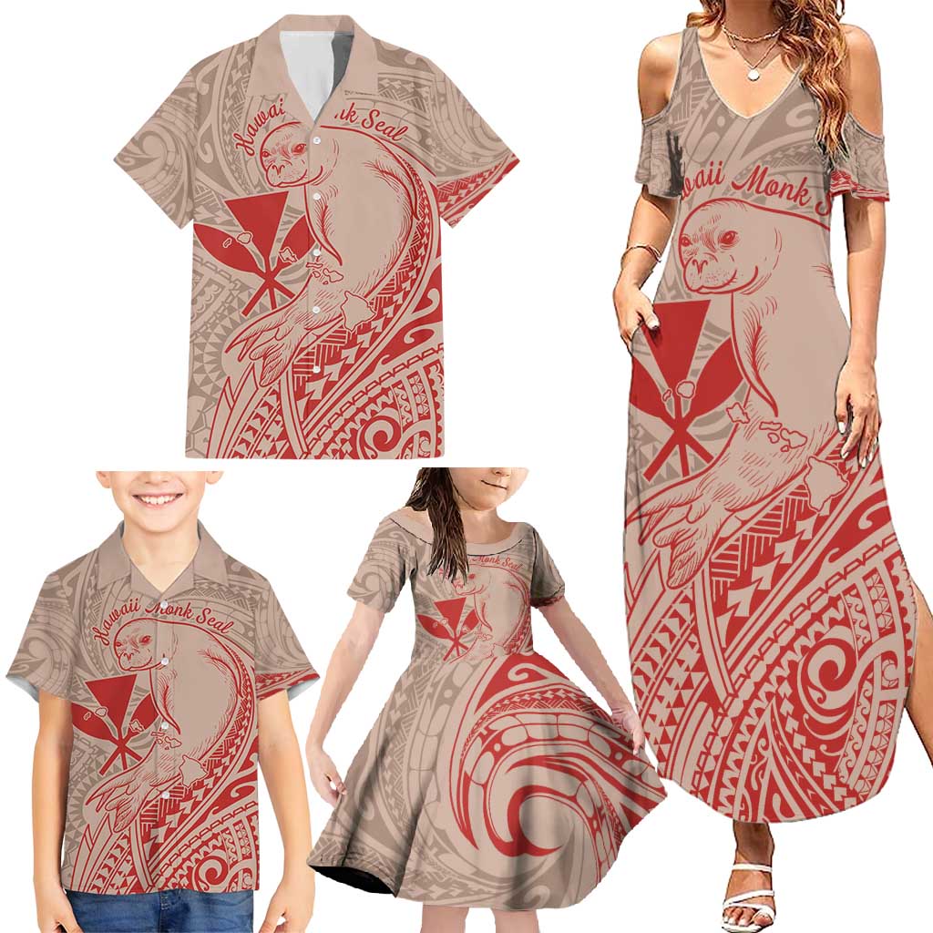 Hawaii Monk Seal and Map Family Matching Summer Maxi Dress and Hawaiian Shirt Polynesian Kanaka Maoli Red Vibe