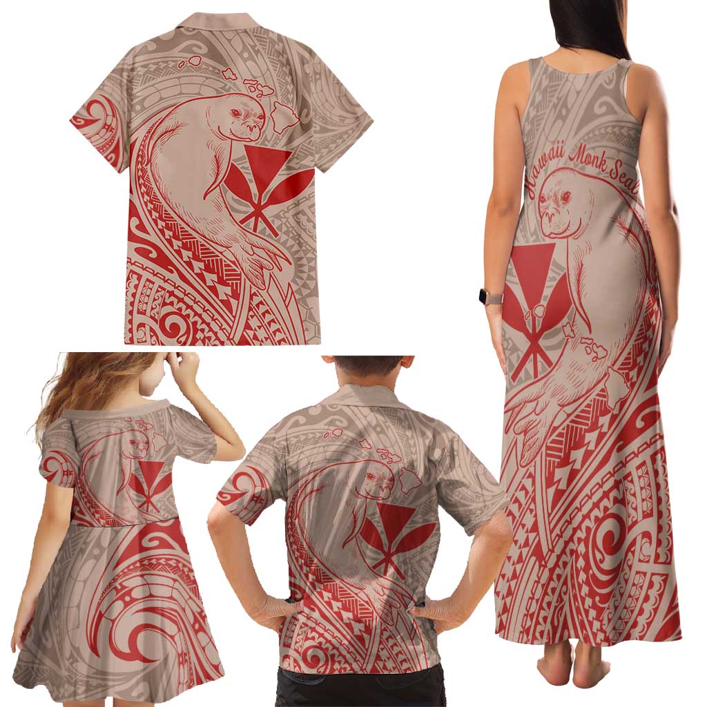 Hawaii Monk Seal and Map Family Matching Tank Maxi Dress and Hawaiian Shirt Polynesian Kanaka Maoli Red Vibe