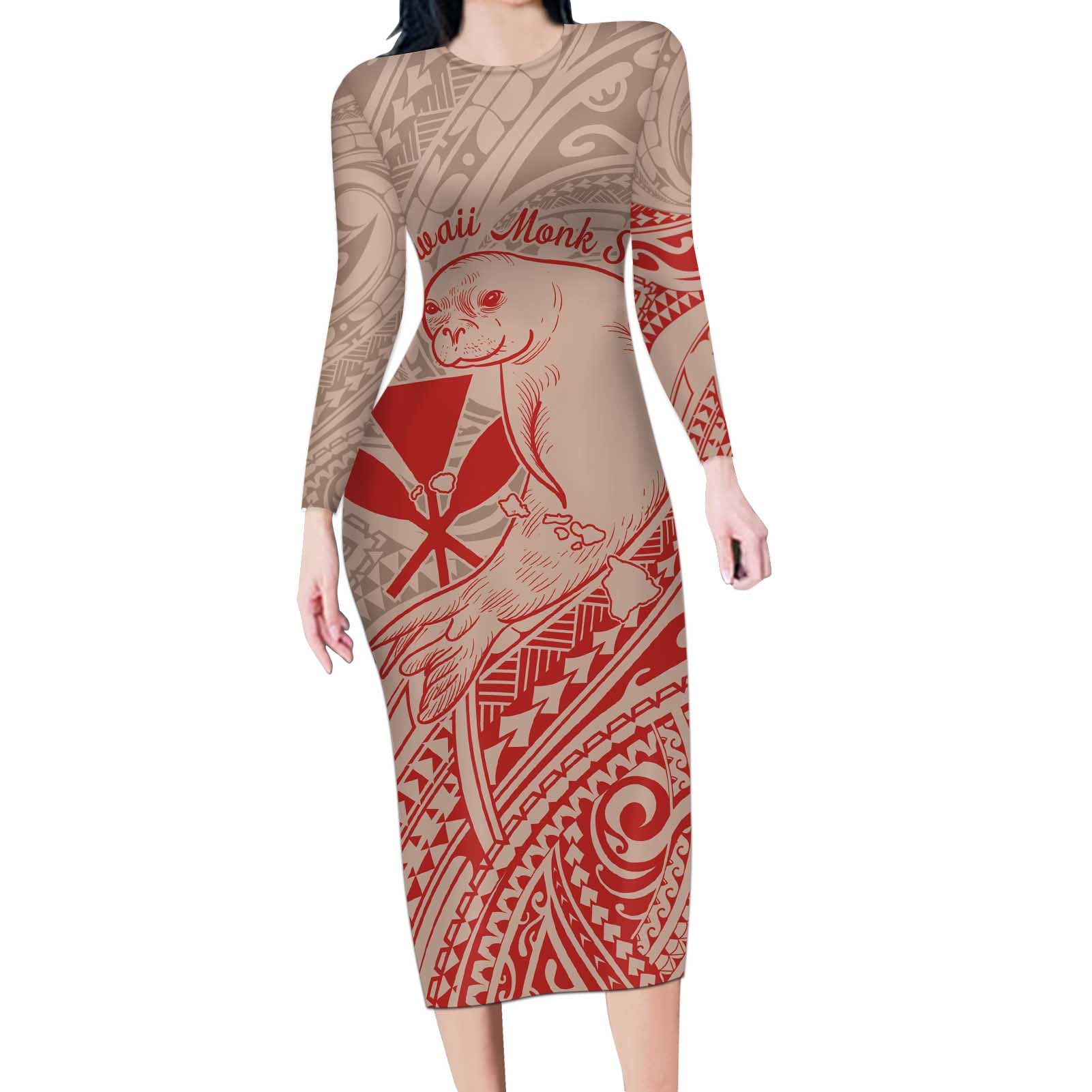 Hawaii Monk Seal and Map Long Sleeve Bodycon Dress Polynesian Kanaka Maoli Red Vibe