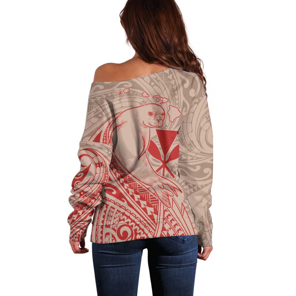 Hawaii Monk Seal and Map Off Shoulder Sweater Polynesian Kanaka Maoli Red Vibe