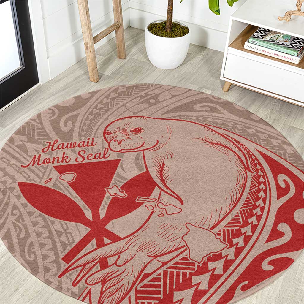 Hawaii Monk Seal and Map Round Carpet Polynesian Kanaka Maoli Red Vibe