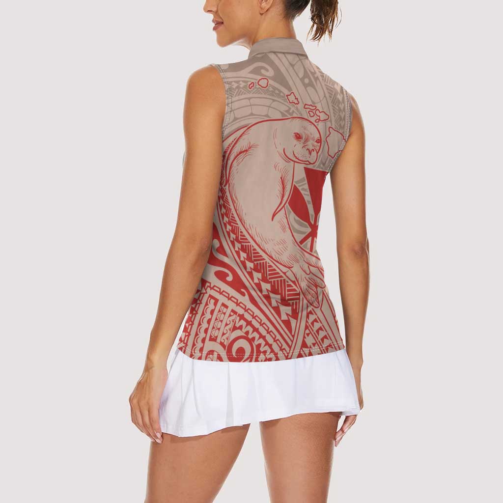 Hawaii Monk Seal and Map Women Sleeveless Polo Shirt Polynesian Kanaka Maoli Red Vibe