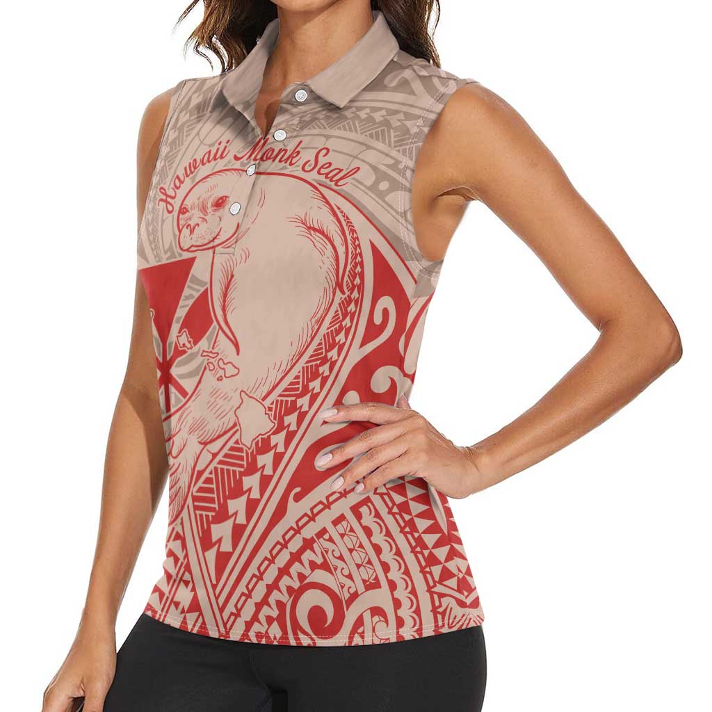 Hawaii Monk Seal and Map Women Sleeveless Polo Shirt Polynesian Kanaka Maoli Red Vibe