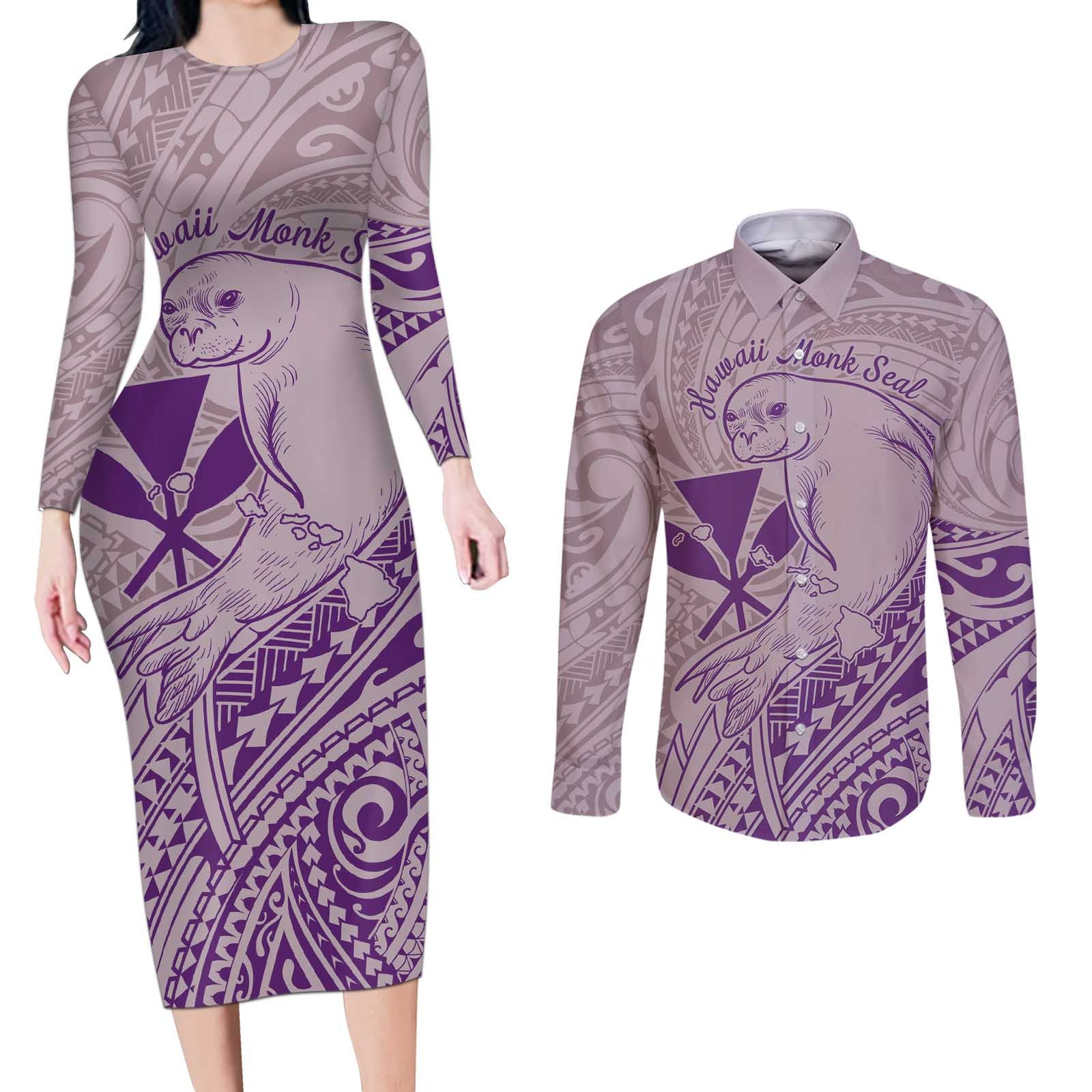 Hawaii Monk Seal and Map Couples Matching Long Sleeve Bodycon Dress and Long Sleeve Button Shirt Polynesian Kanaka Maoli Violet Vibe
