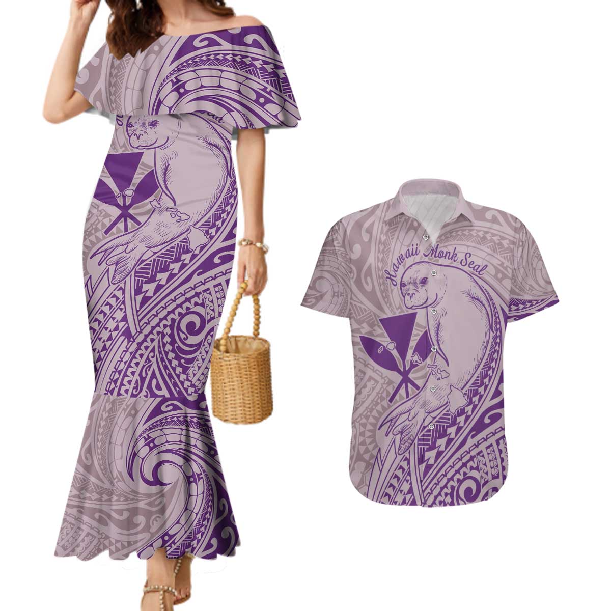 Hawaii Monk Seal and Map Couples Matching Mermaid Dress and Hawaiian Shirt Polynesian Kanaka Maoli Violet Vibe