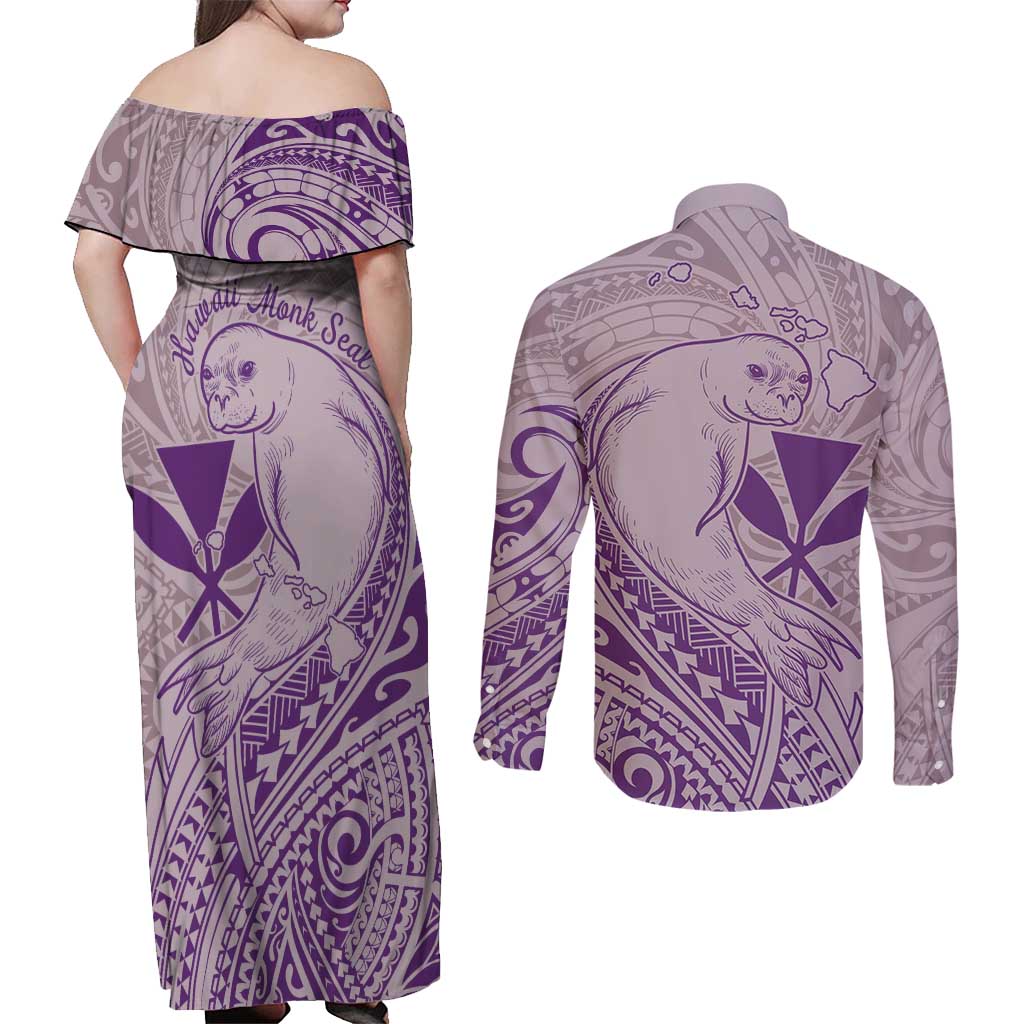 Hawaii Monk Seal and Map Couples Matching Off Shoulder Maxi Dress and Long Sleeve Button Shirt Polynesian Kanaka Maoli Violet Vibe